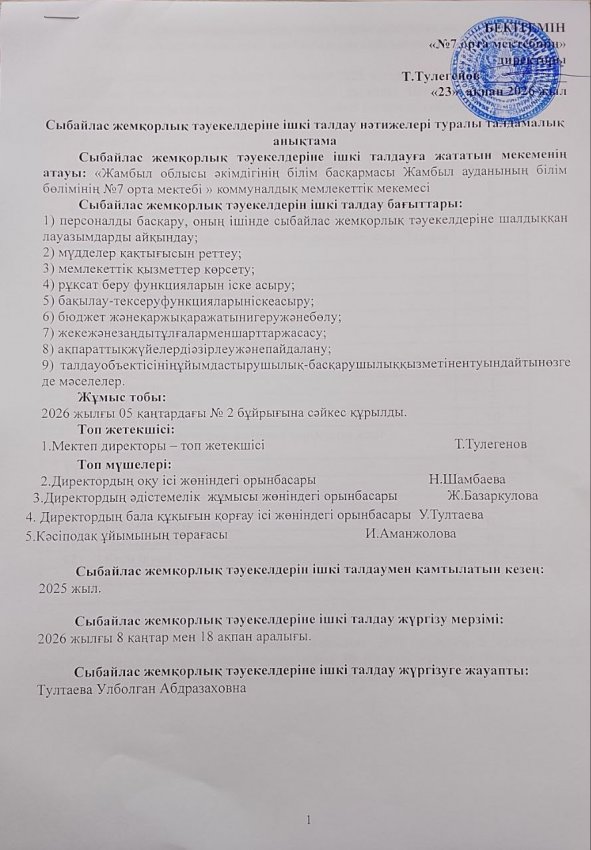 Сыбайлас жемқорлық тәуекелдеріне ішкі талдау нәтижелері туралы талдамалық анықтама